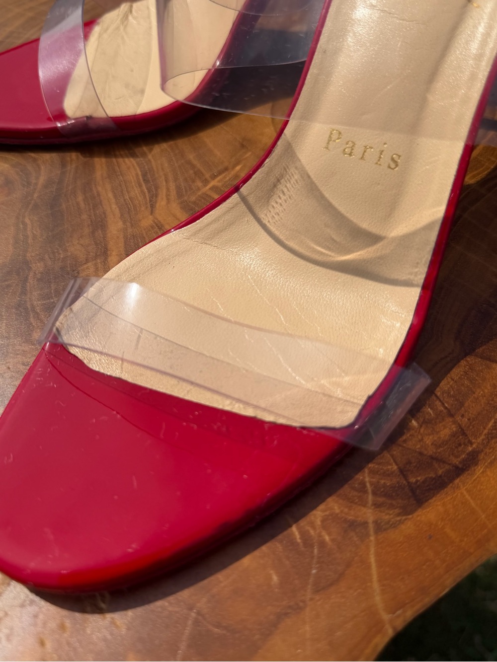 Christian Louboutin Red Patent Slide Sandals with Clear Straps - Picture 5 of 8
